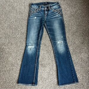 Silver Jeans Suki Flap Bootcut Medium Wash Distressed Faded Embellished, Size 26